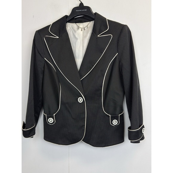 Y2K Vintage BEBE Skirt Suit Black Pinstripe Womens 10 White Piping Lined Blazer - Picture 2 of 16